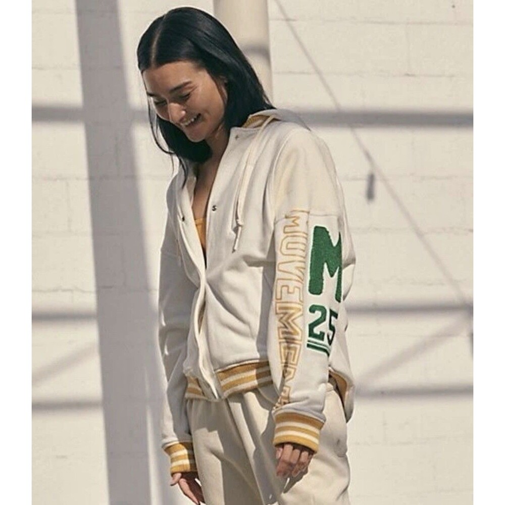 Free People Movement Post Up Graphic Sweat White Hoodie Jacket Logo Sz S READ